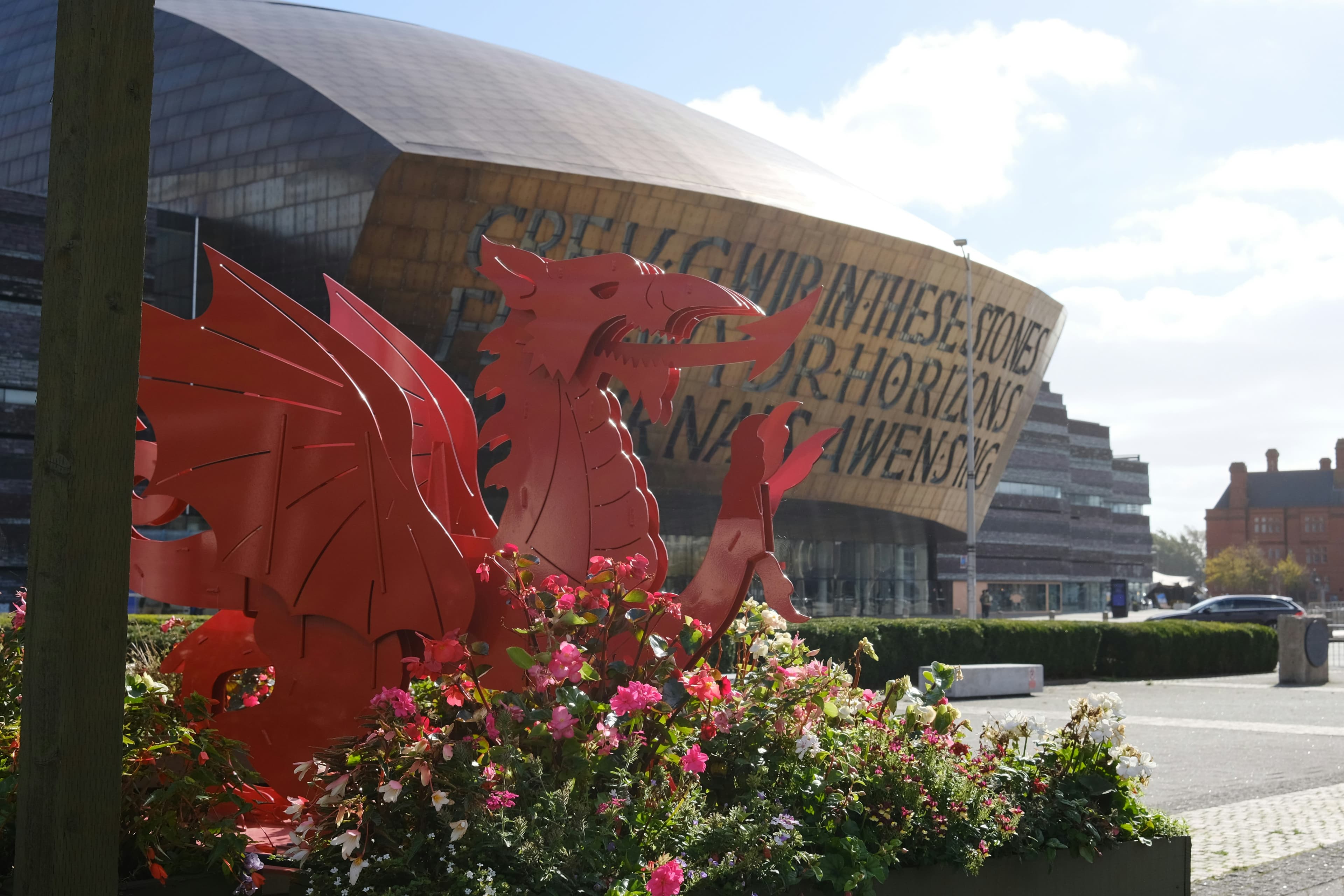 Welsh dragon sculpture in front of the Wales Millennium Centre in Cardiff Bay