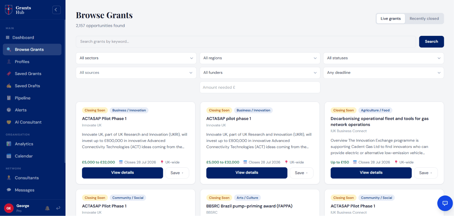 Grants Hub Browse Grants dashboard — search and filter 2,100+ UK funding opportunities